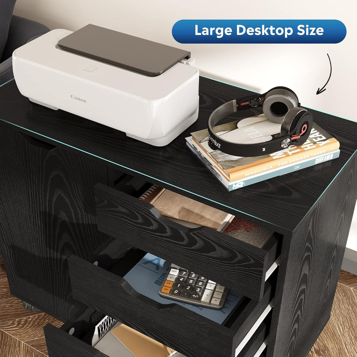 Black 5 Drawer Wood Storage Cabinet with Wheels C272