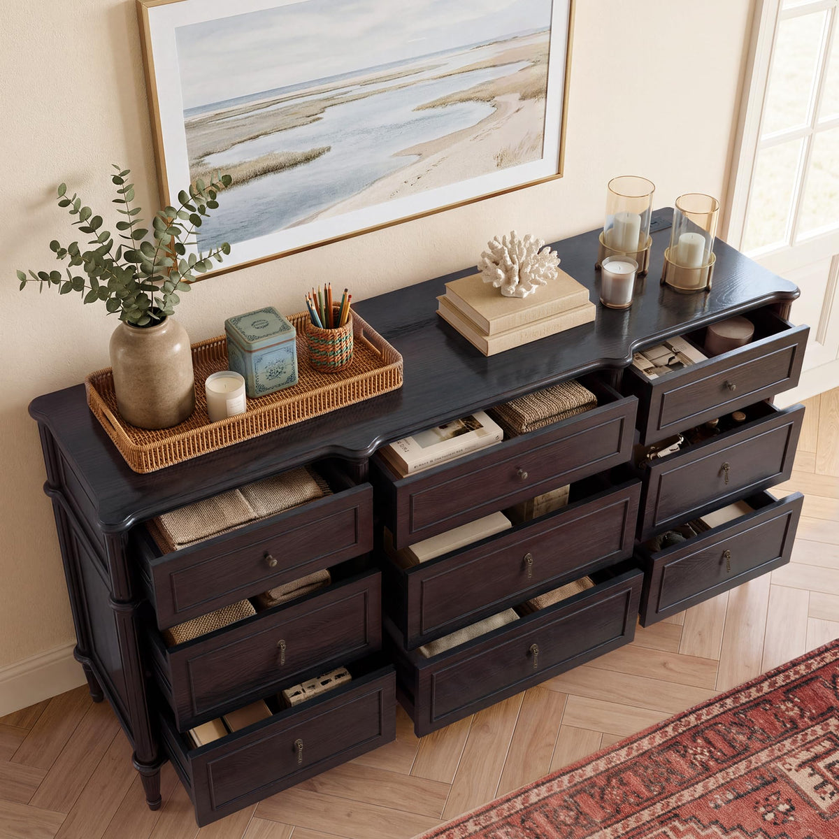 63" 9-Drawer Wood Dresser with Power Outlet, Black X824