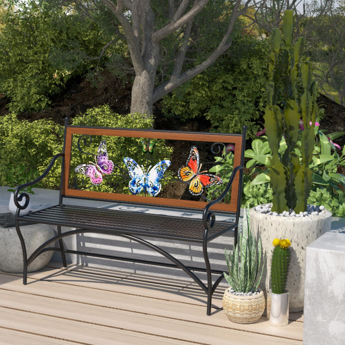 39.7" Black Metal Outdoor Bench with Armrest N350570