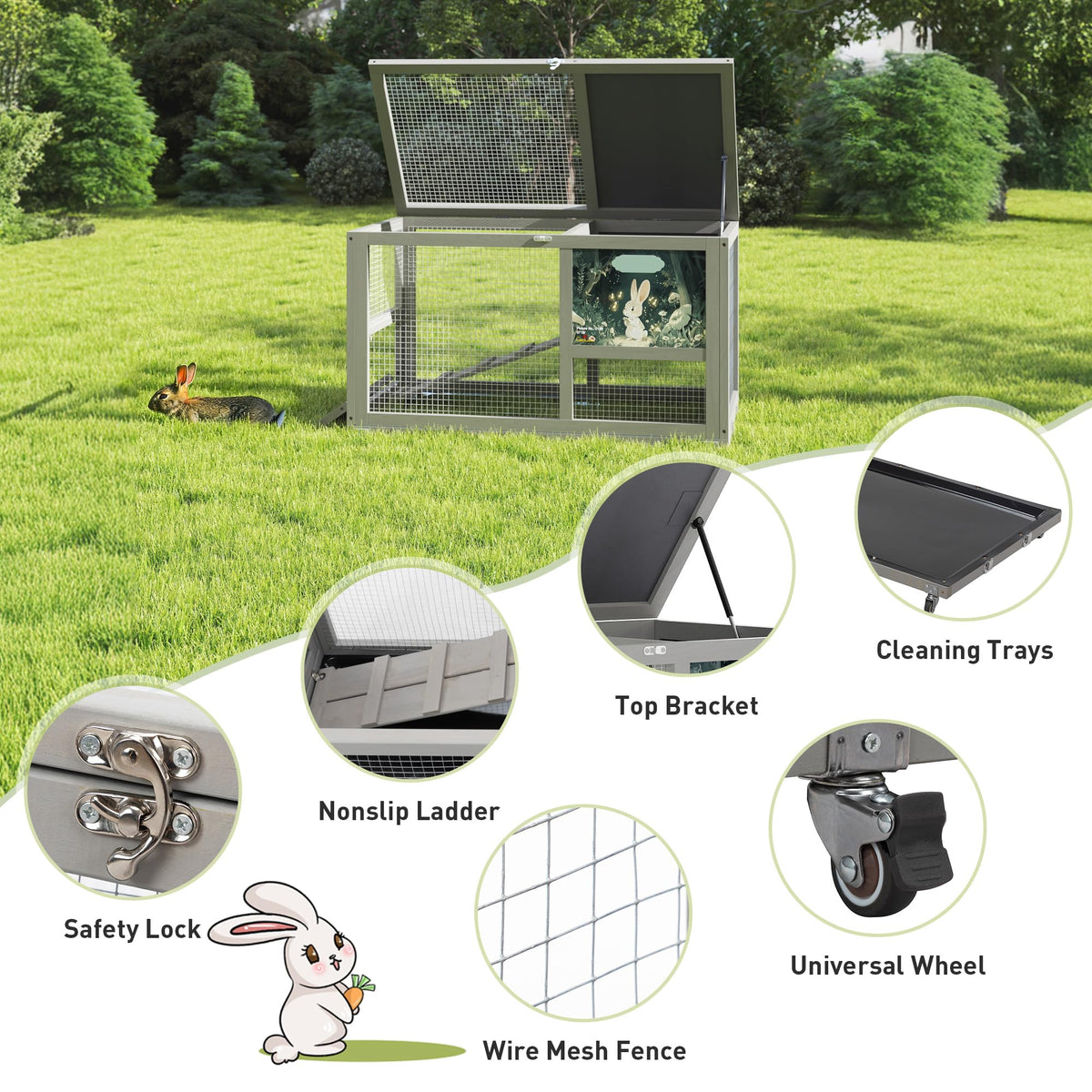 36.5" Two-Level Wooden Rabbit Hutch with Casters & Ramp J909