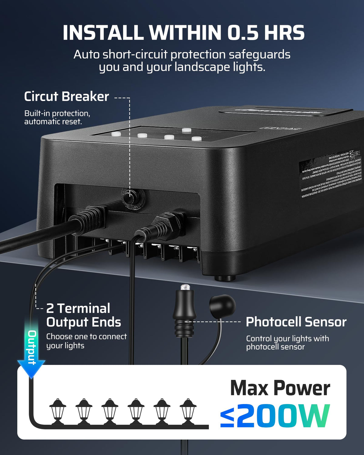 200W Low Voltage Transformer with Photocell Sensor & Timer S7893