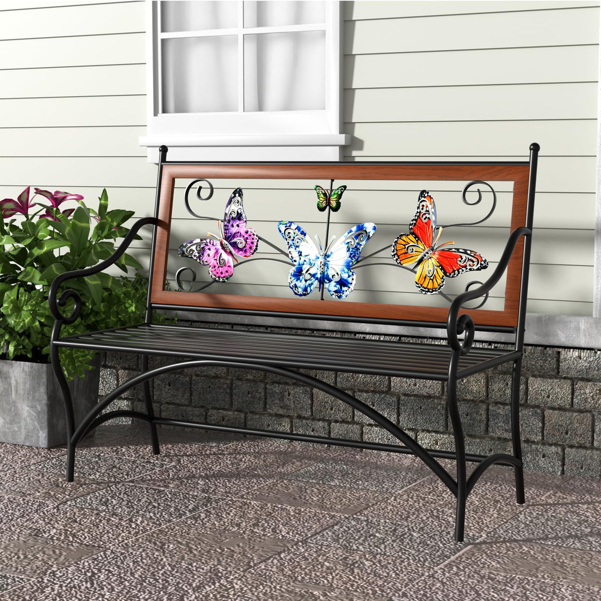 39.7" Black Metal Outdoor Bench with Armrest N350570
