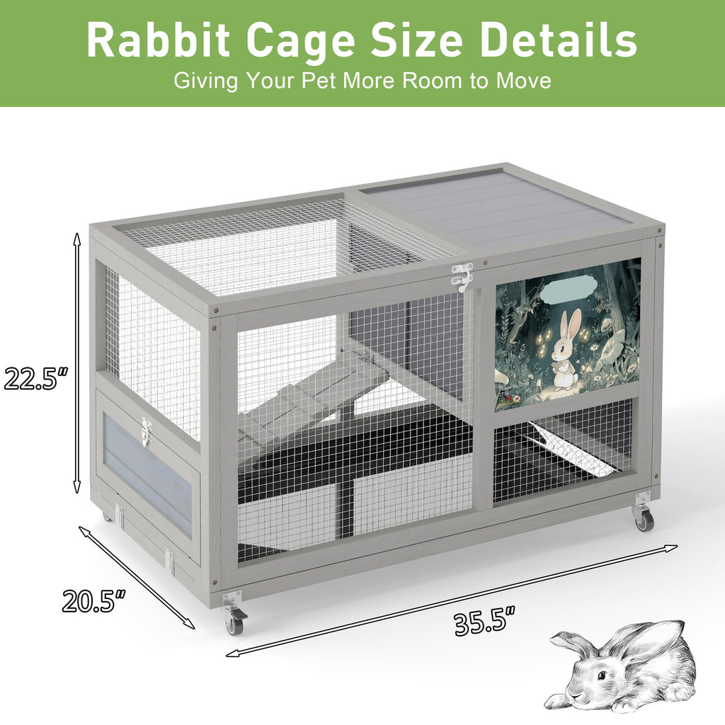 36.5" Two-Level Wooden Rabbit Hutch with Casters & Ramp J909
