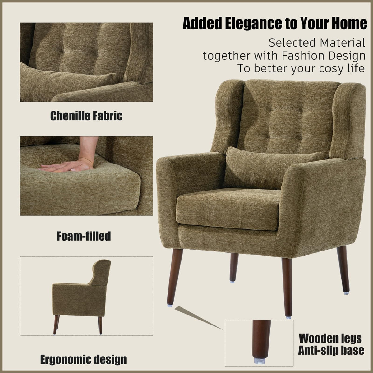 Olive Green Chenille Upholstered Accent Chairs Set of 2 F73462