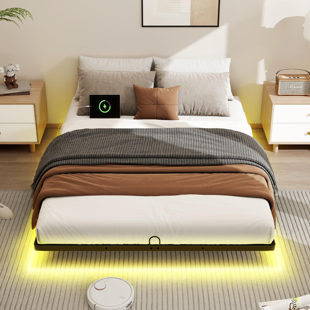 Full Size Metal Platform Bed Frame with LED Lights & Charging Station S246