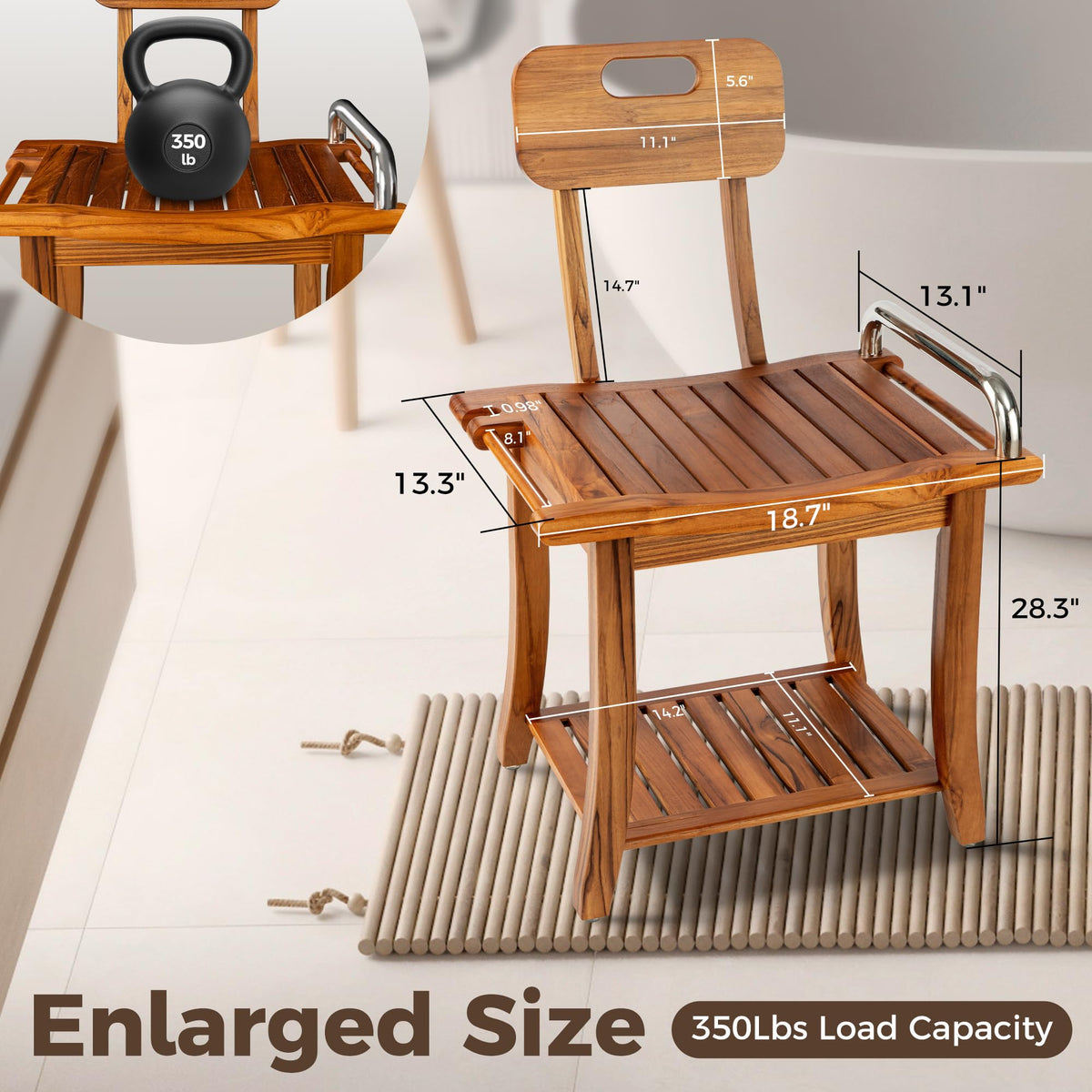 Teak Shower Bench with Handles and Backrest I40778