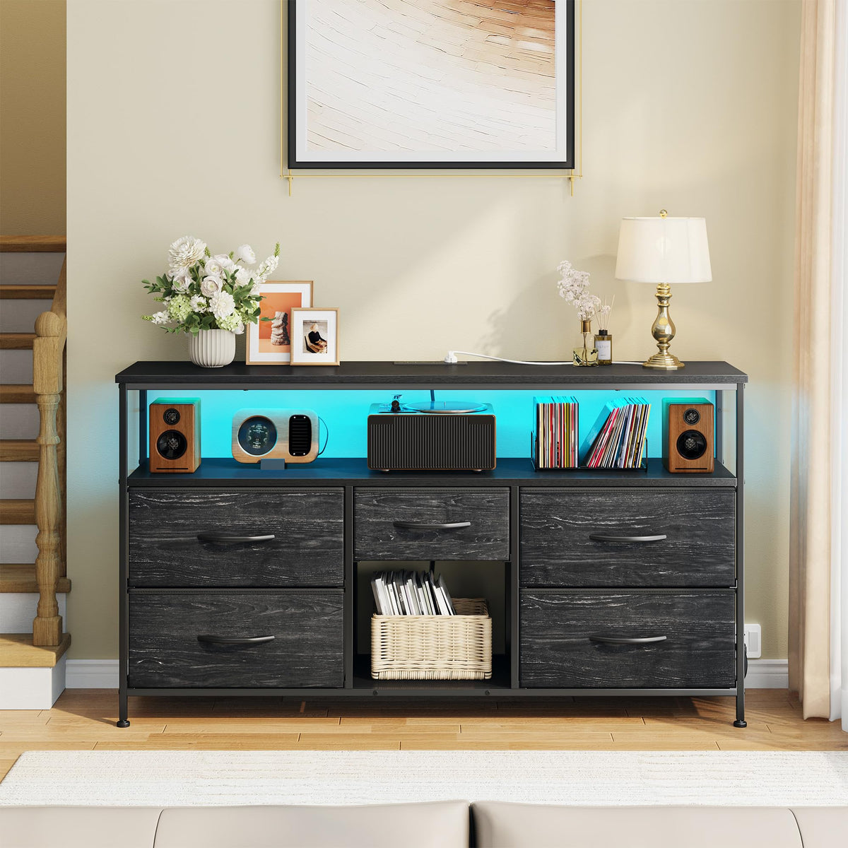 Black TV Stand with LED & Outlets, 5-Drawer Storage J938