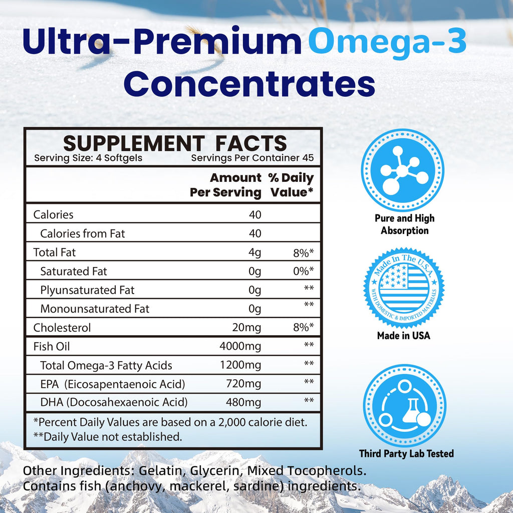 Omega 3 Fish Oil 4000mg 180 Softgels EPA & DHA K486