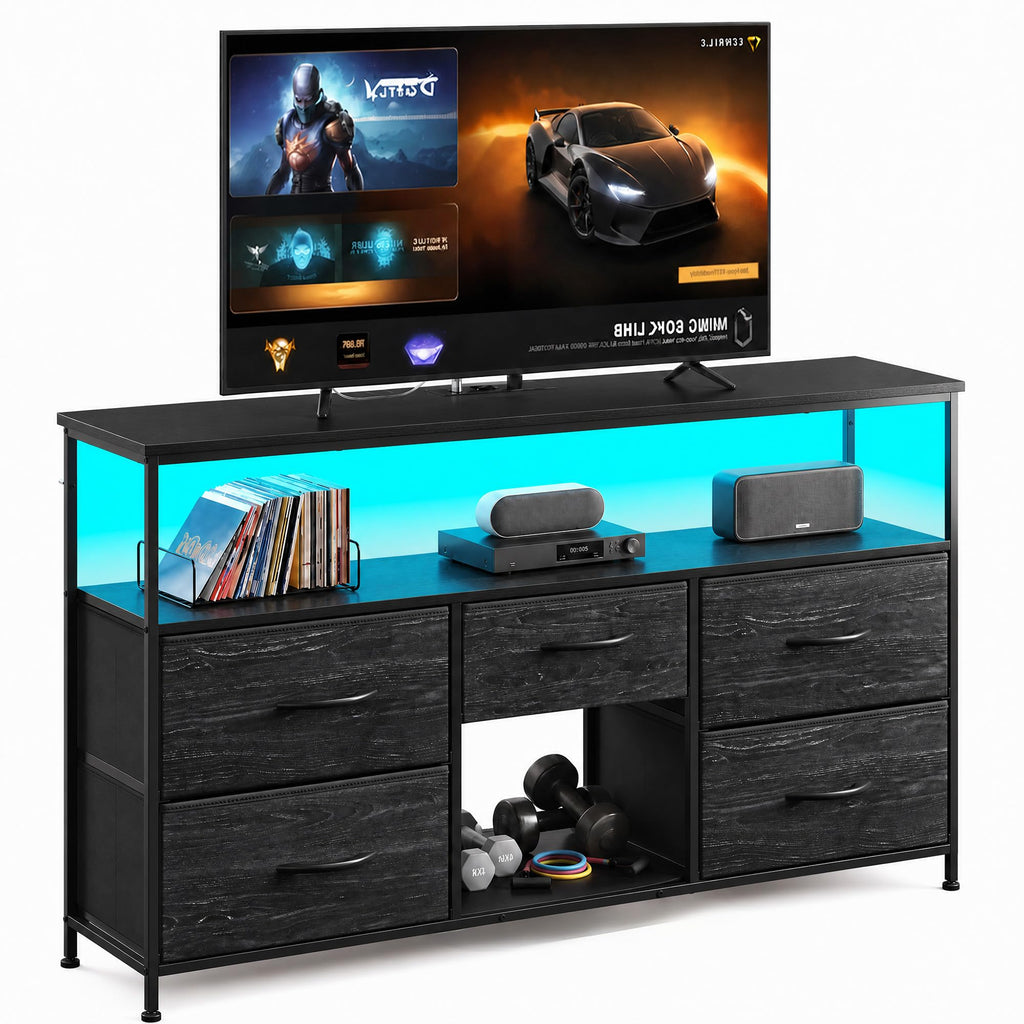 Black TV Stand with LED & Outlets, 5-Drawer Storage J938