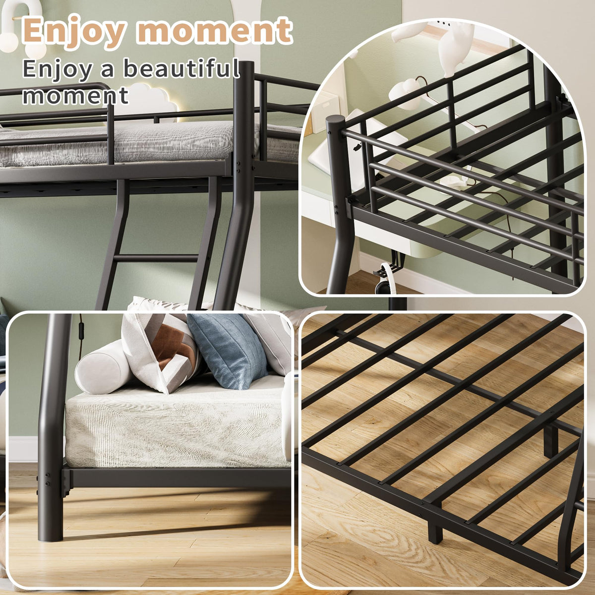 Twin Over Full Metal Bunk Bed with Guardrail and Ladder N5975