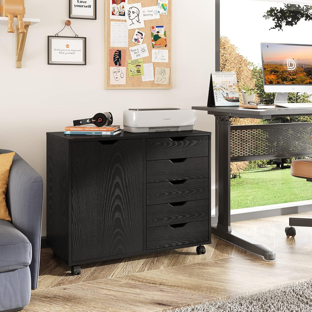 Black 5 Drawer Wood Storage Cabinet with Wheels C272