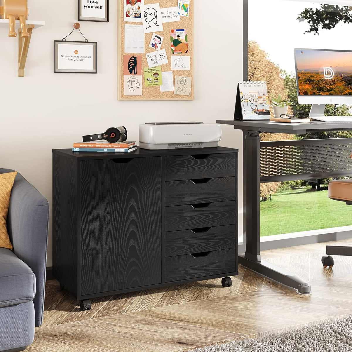 Black 5 Drawer Wood Storage Cabinet with Wheels C272