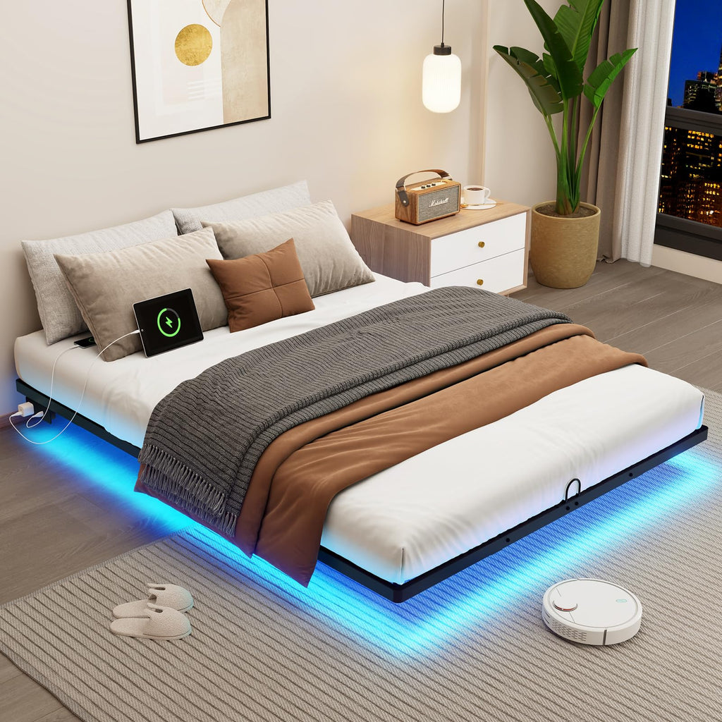Full Size Metal Platform Bed Frame with LED Lights & Charging Station S246