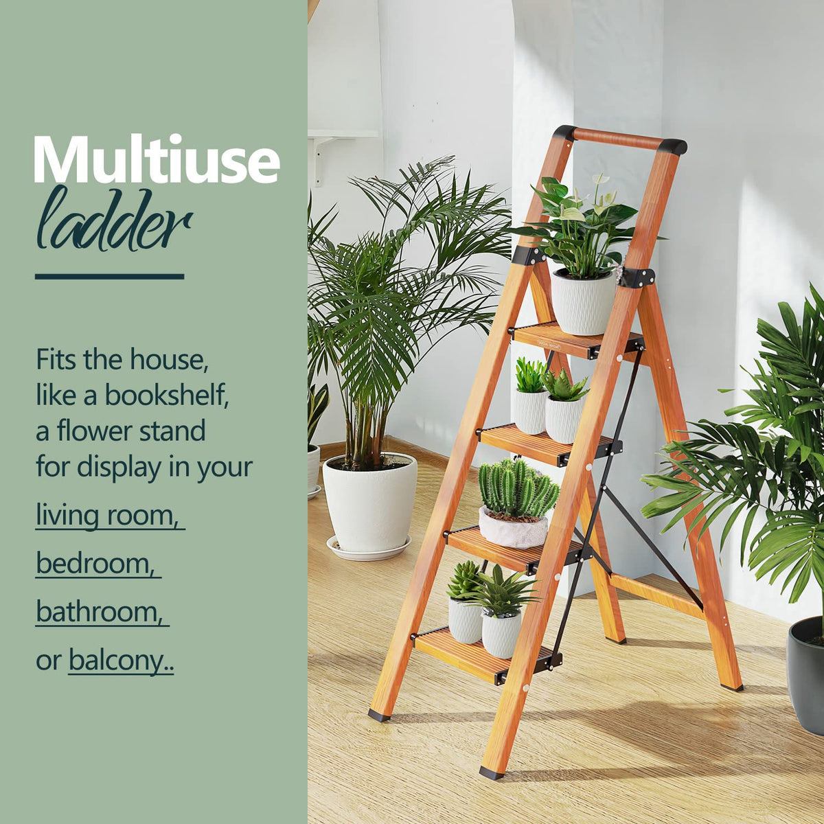 4 Step Ladders, 300lbs Load, 36'' Top Step, Wood Grain H680266