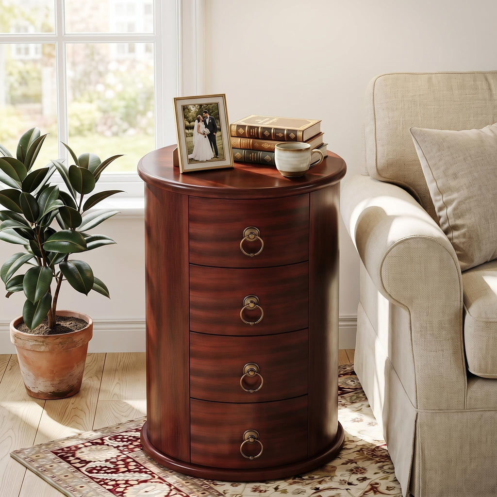 Solid Wood Round End Table with 4 Drawers N744