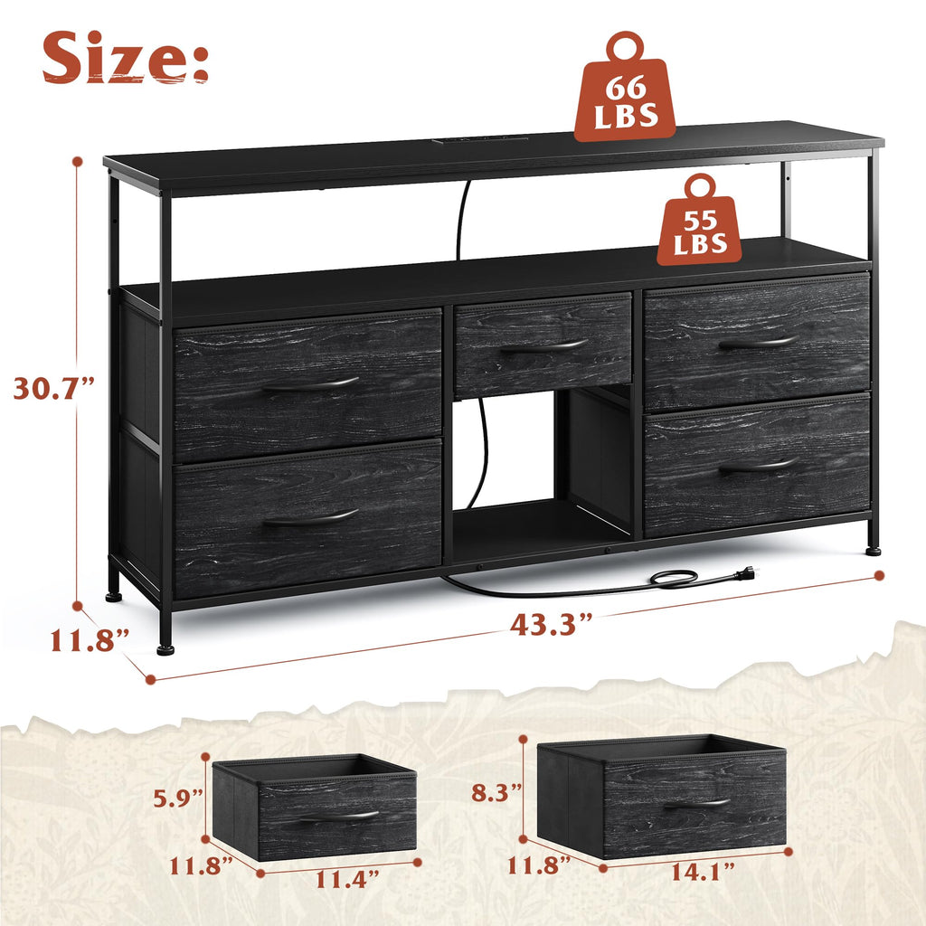 Black TV Stand with LED & Outlets, 5-Drawer Storage J938