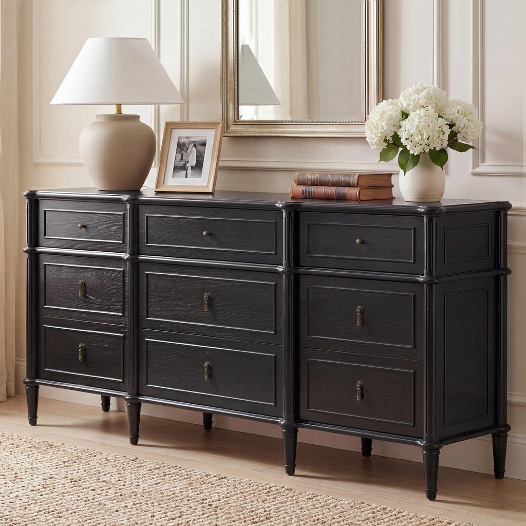 63" 9-Drawer Wood Dresser with Power Outlet, Black X824