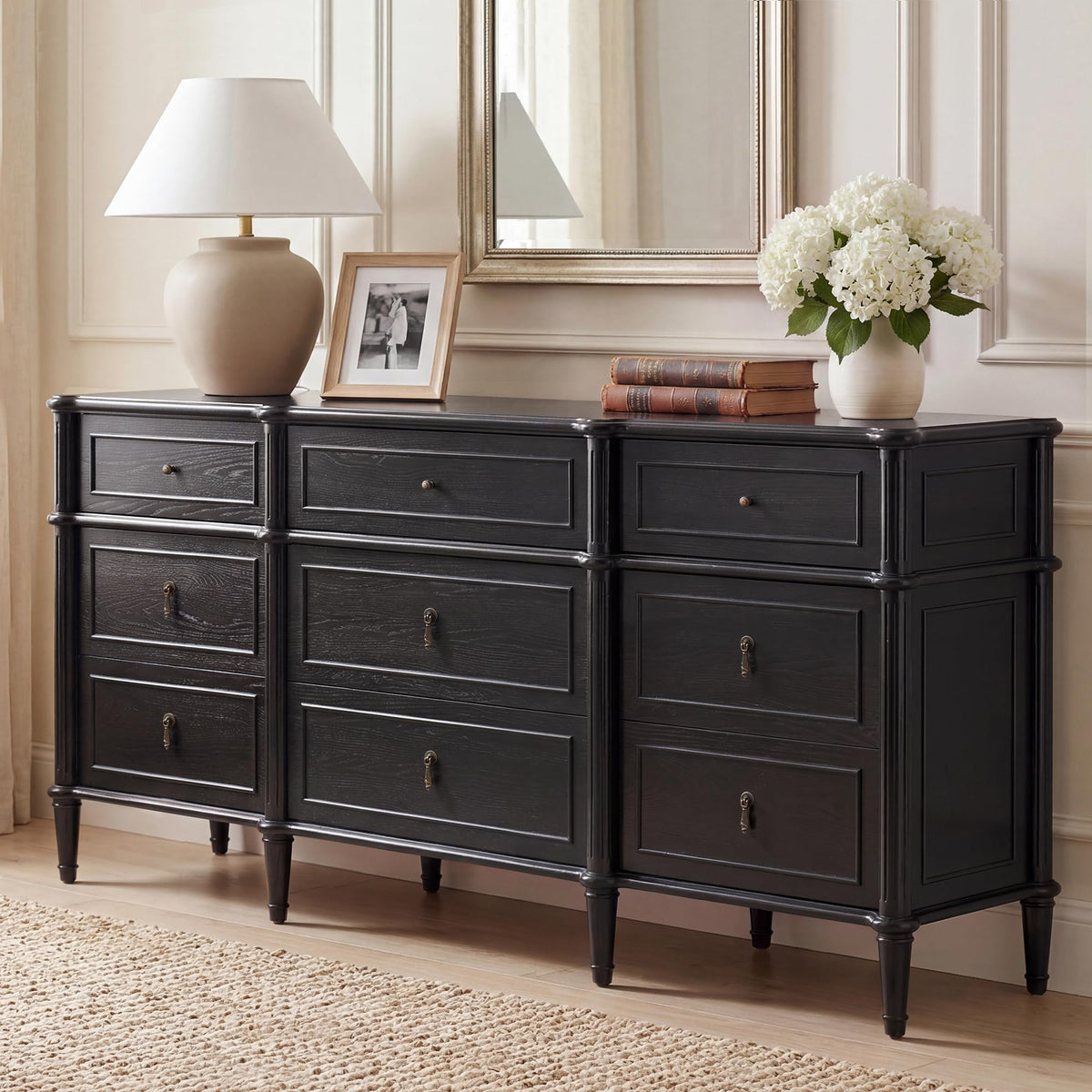 63" 9-Drawer Wood Dresser with Power Outlet, Black X824