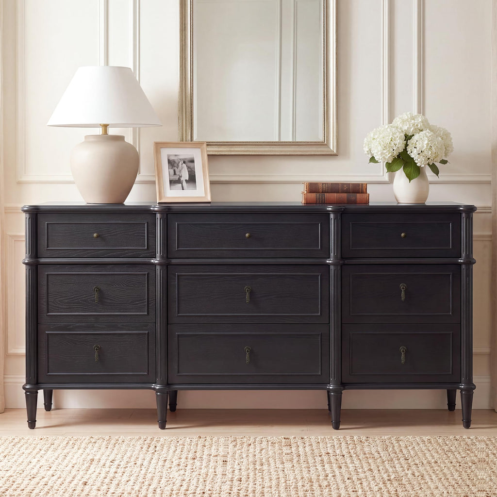 63" 9-Drawer Wood Dresser with Power Outlet, Black X824