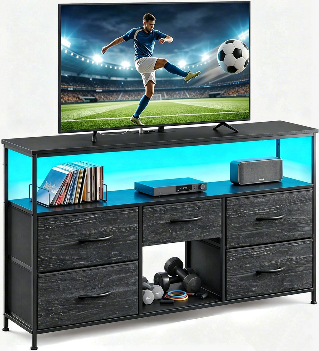 Black TV Stand with LED & Outlets, 5-Drawer Storage J938