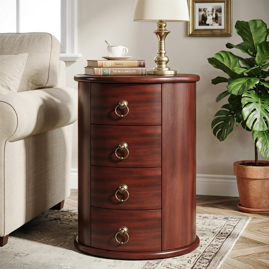 Solid Wood Round End Table with 4 Drawers N744