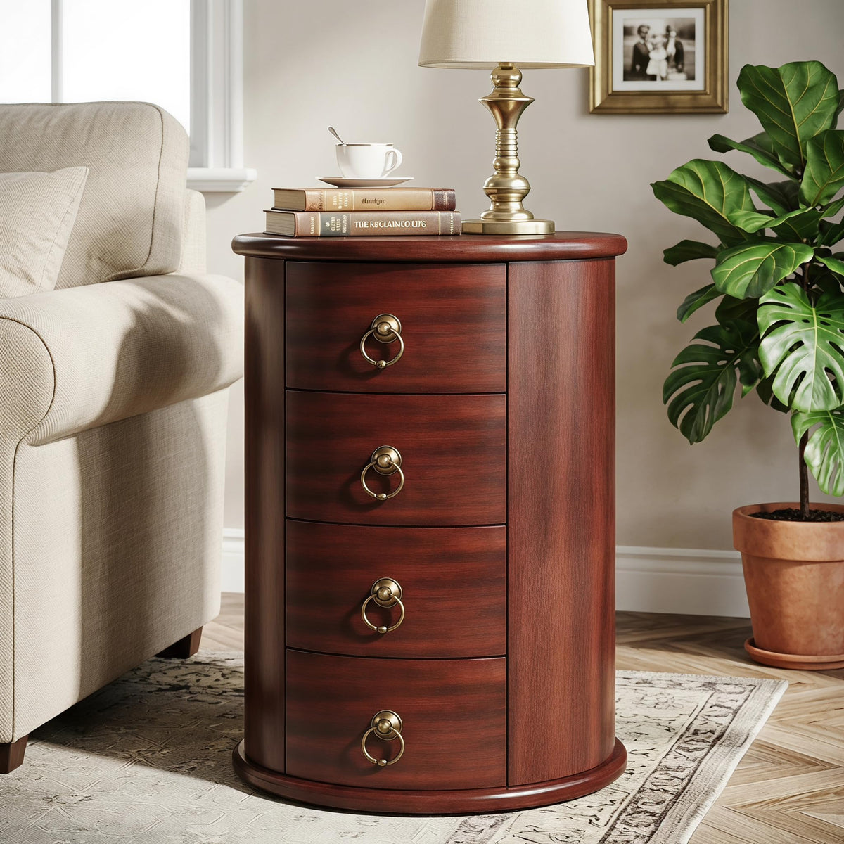 Solid Wood Round End Table with 4 Drawers N744