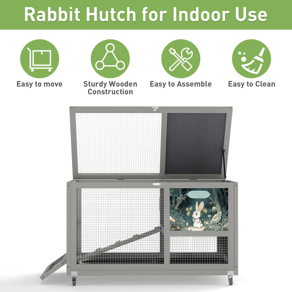 36.5" Two-Level Wooden Rabbit Hutch with Casters & Ramp J909