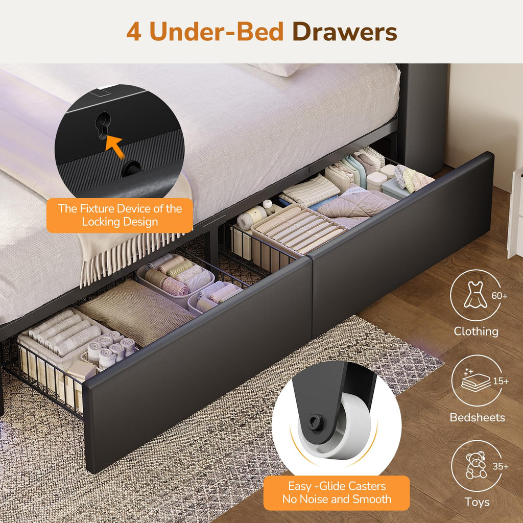 Full Size Bed Frame with 4 Drawers and Storage Headboard, Black W425