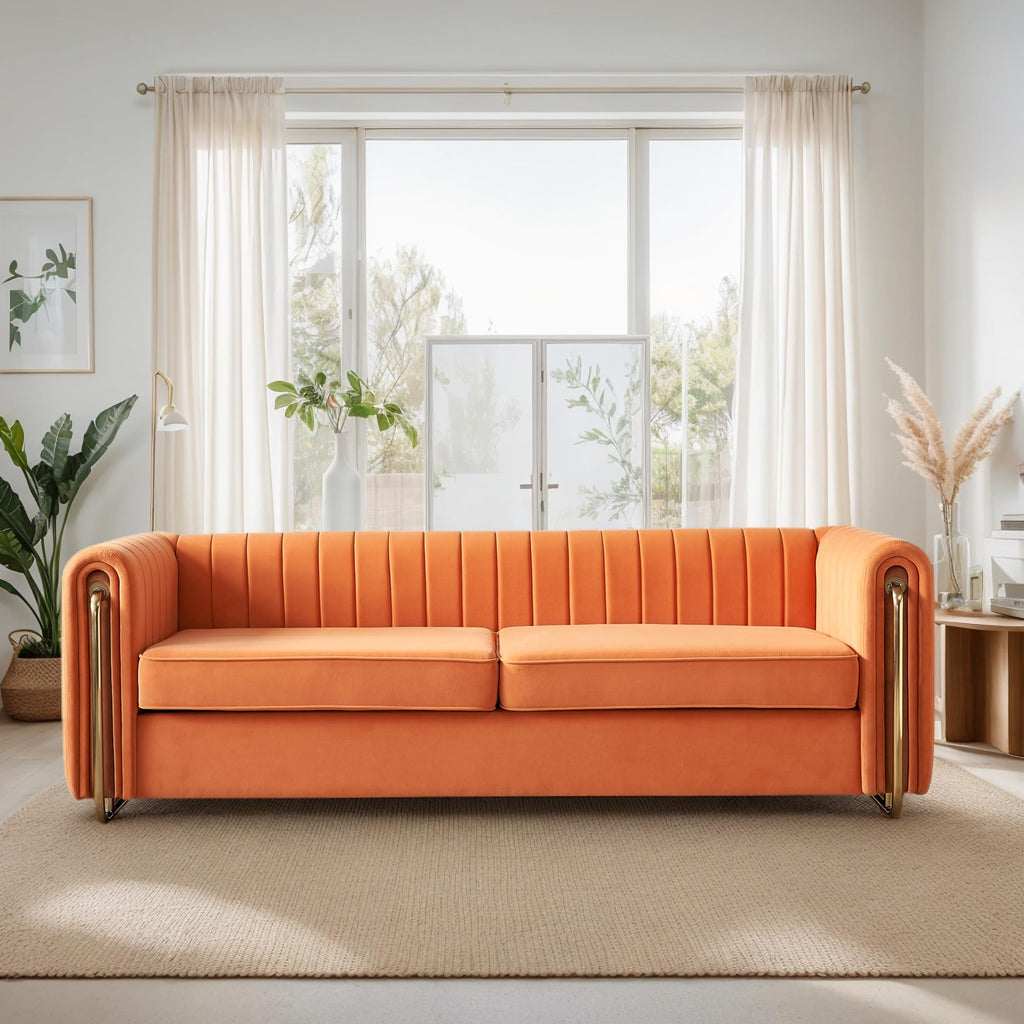 Orange Velvet 3-Seater Sofa with Rolled Arms Y176809