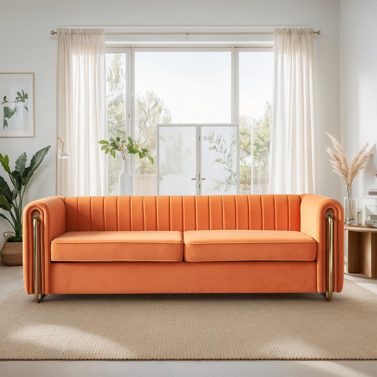 Orange Velvet 3-Seater Sofa with Rolled Arms Y176809
