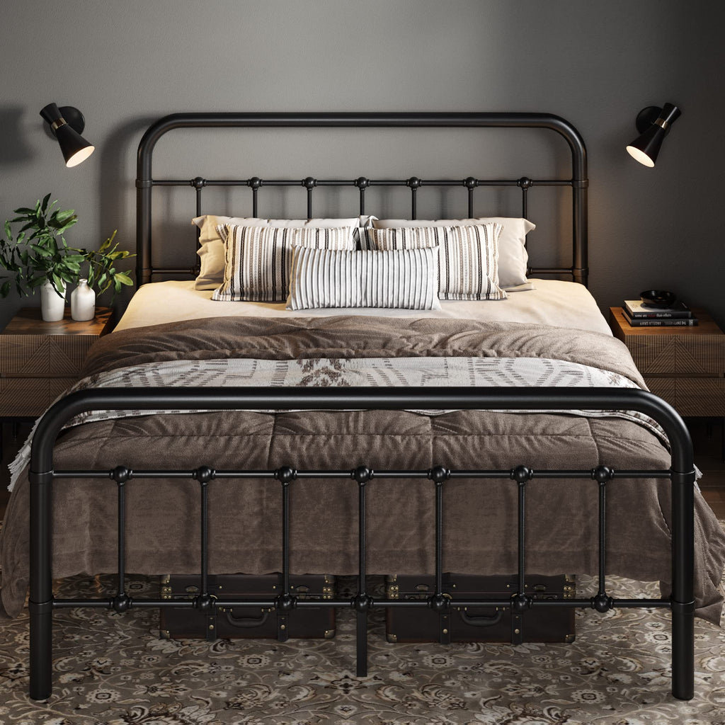 Full Metal Bed Frame with Victorian Iron-Art Headboard, Black A17492