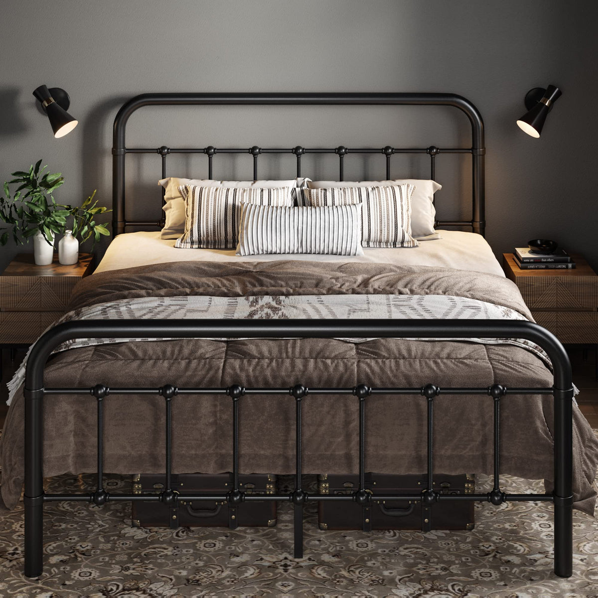 Full Metal Bed Frame with Victorian Iron-Art Headboard, Black A17492