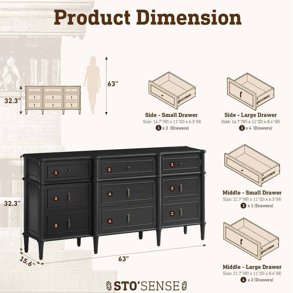63" 9-Drawer Wood Dresser with Power Outlet, Black X824