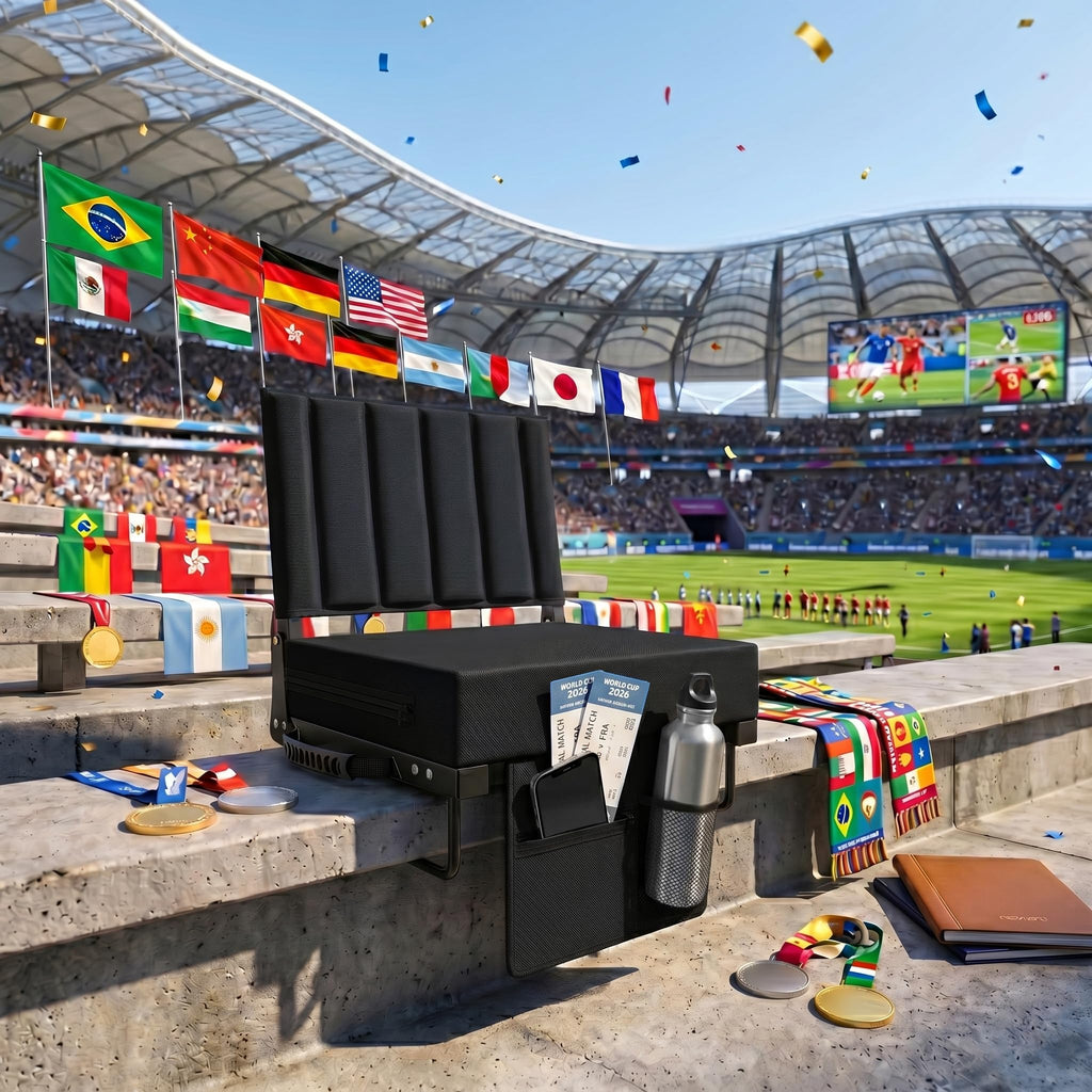 Black Padded Portable Folding Stadium Seat with Back Support and Cup Holder D1033