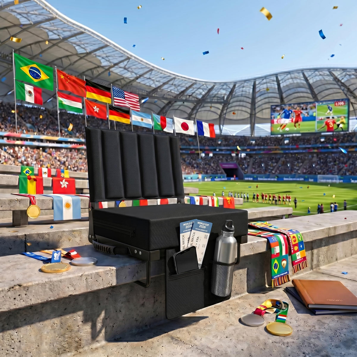 Black Padded Portable Folding Stadium Seat with Back Support and Cup Holder D1033