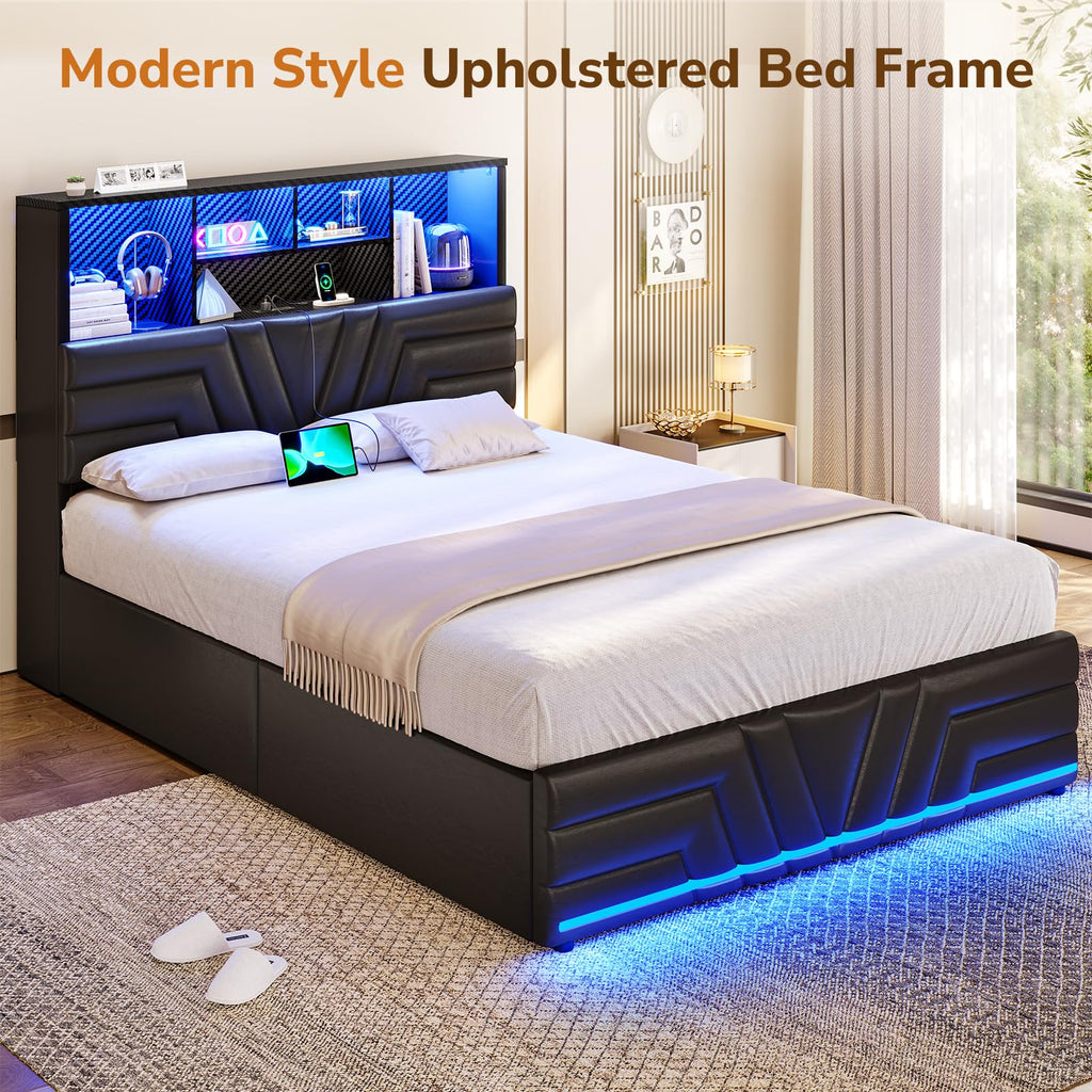 Full Size Bed Frame with 4 Drawers and Storage Headboard, Black W425