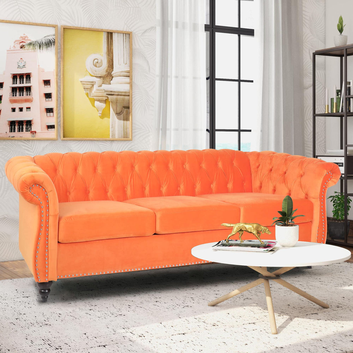 Orange Velvet 3 Seater Sofa Q107512