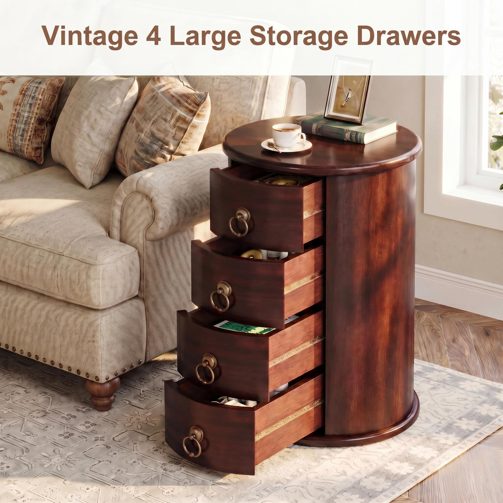 Solid Wood Round End Table with 4 Drawers N744