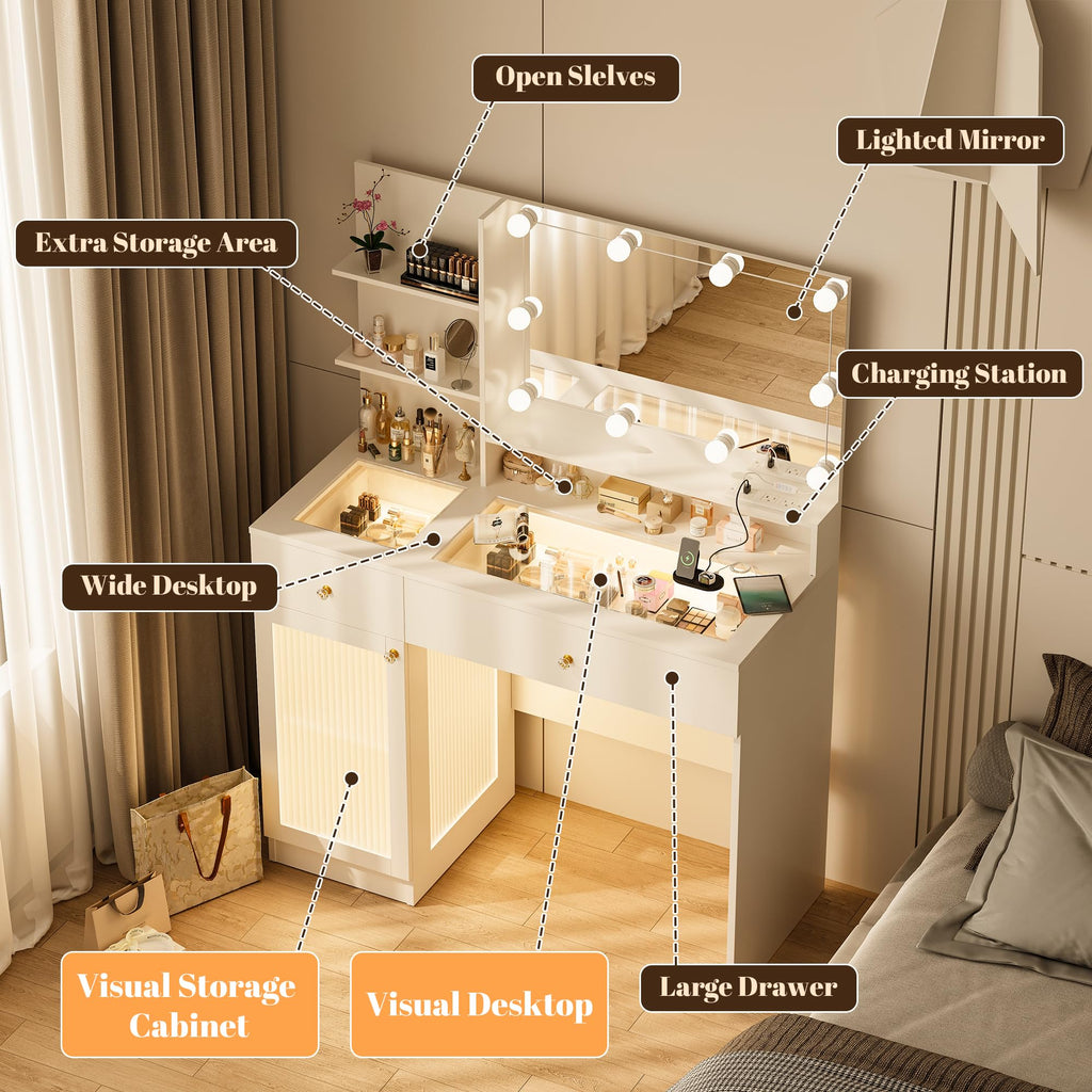 40" White Vanity Desk with Mirror and Lights H62782