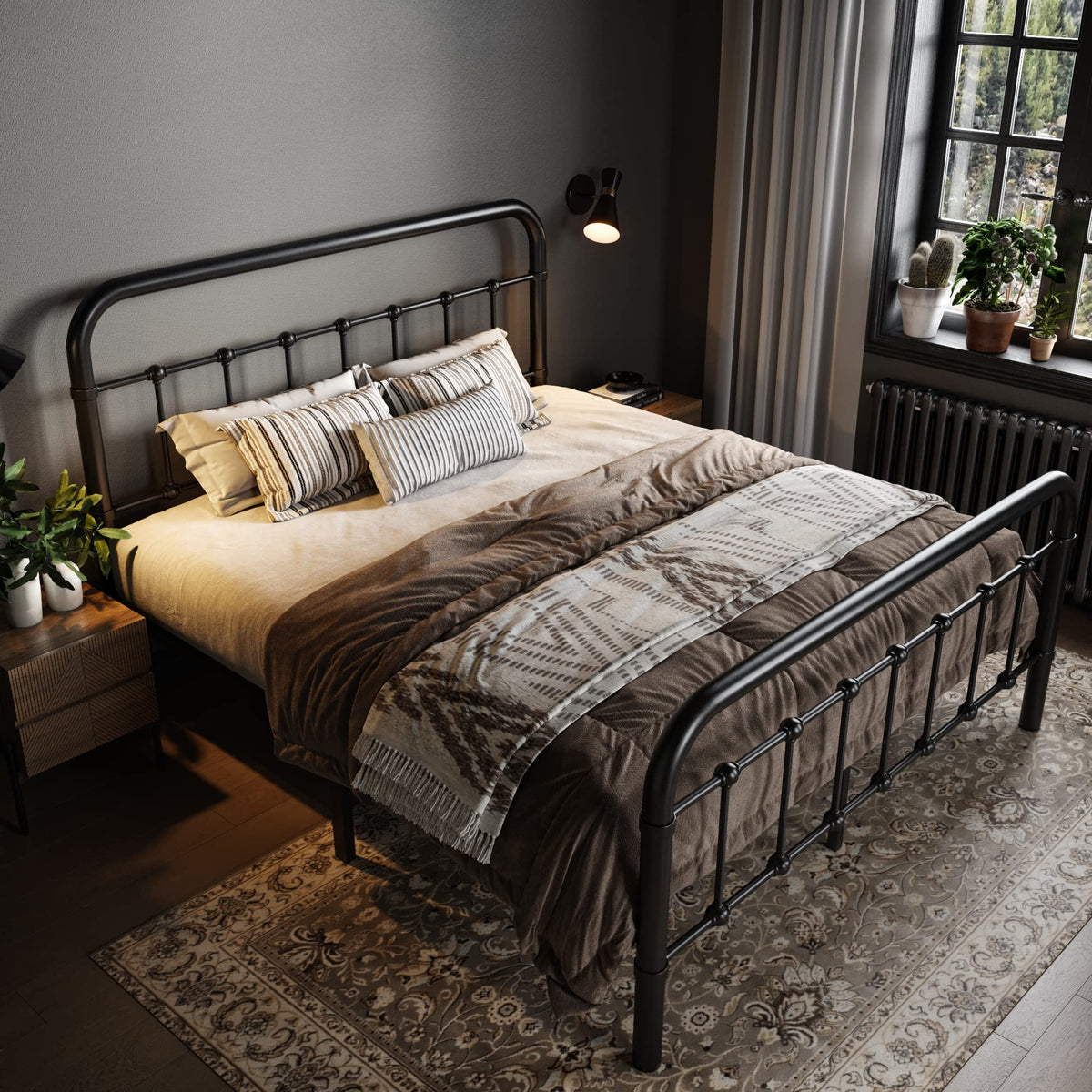 Full Metal Bed Frame with Victorian Iron-Art Headboard, Black A17492