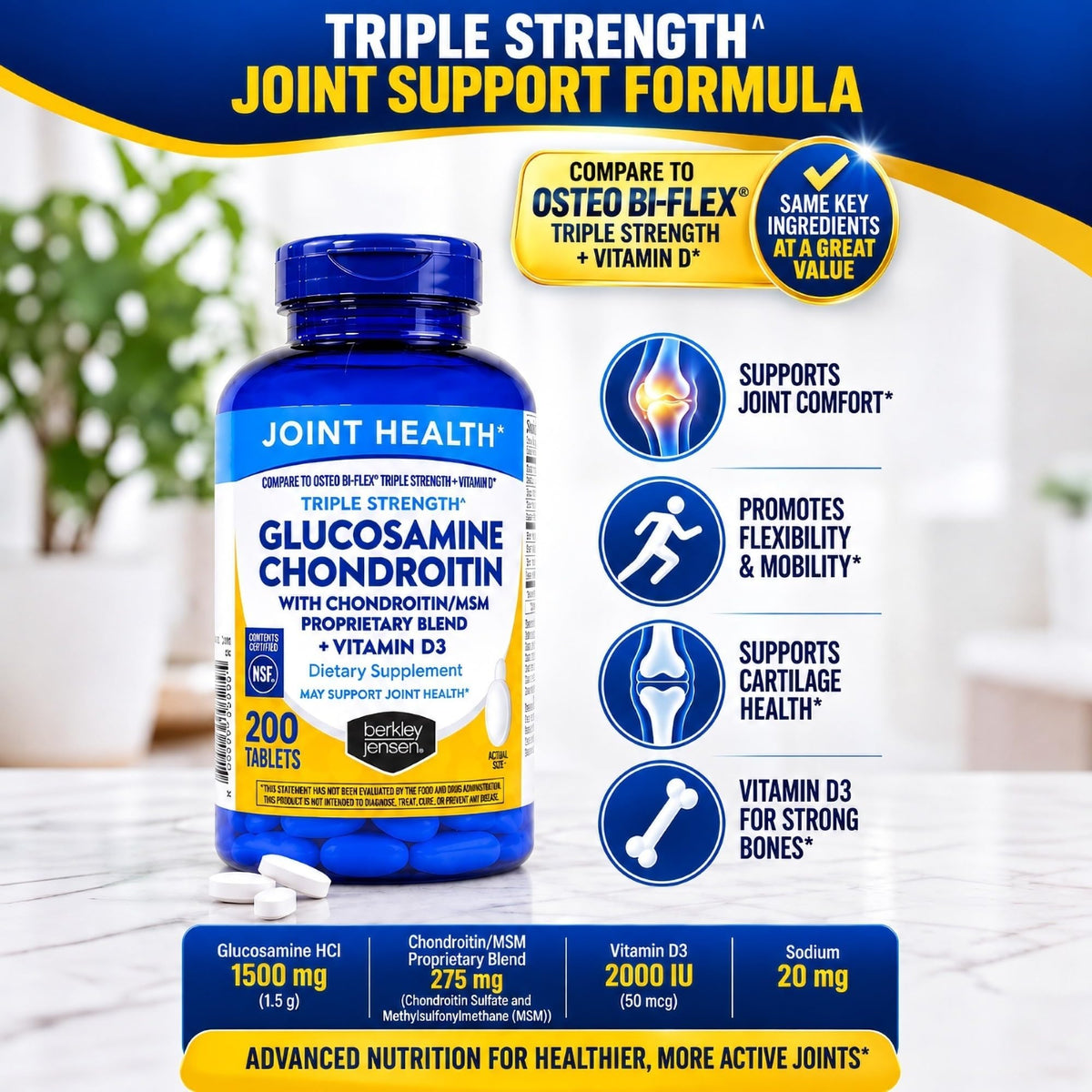 Glucosamine Chondroitin MSM D3 Joint Supplement Tablets 200 Count Q850