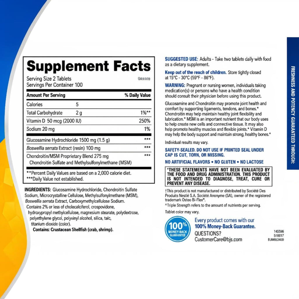 Glucosamine Chondroitin MSM D3 Joint Supplement Tablets 200 Count Q850