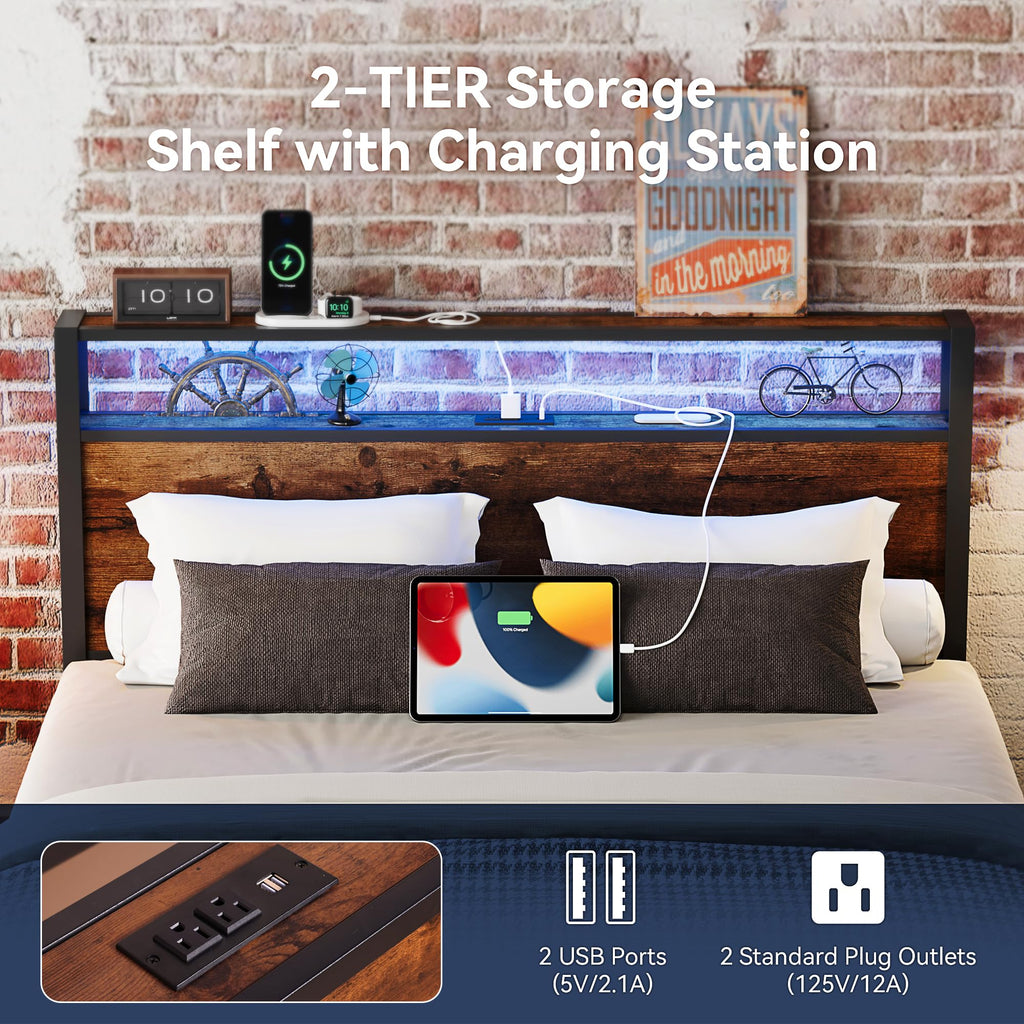 Queen Size Metal Bed Frame with Storage Headboard and Charging Station W4145