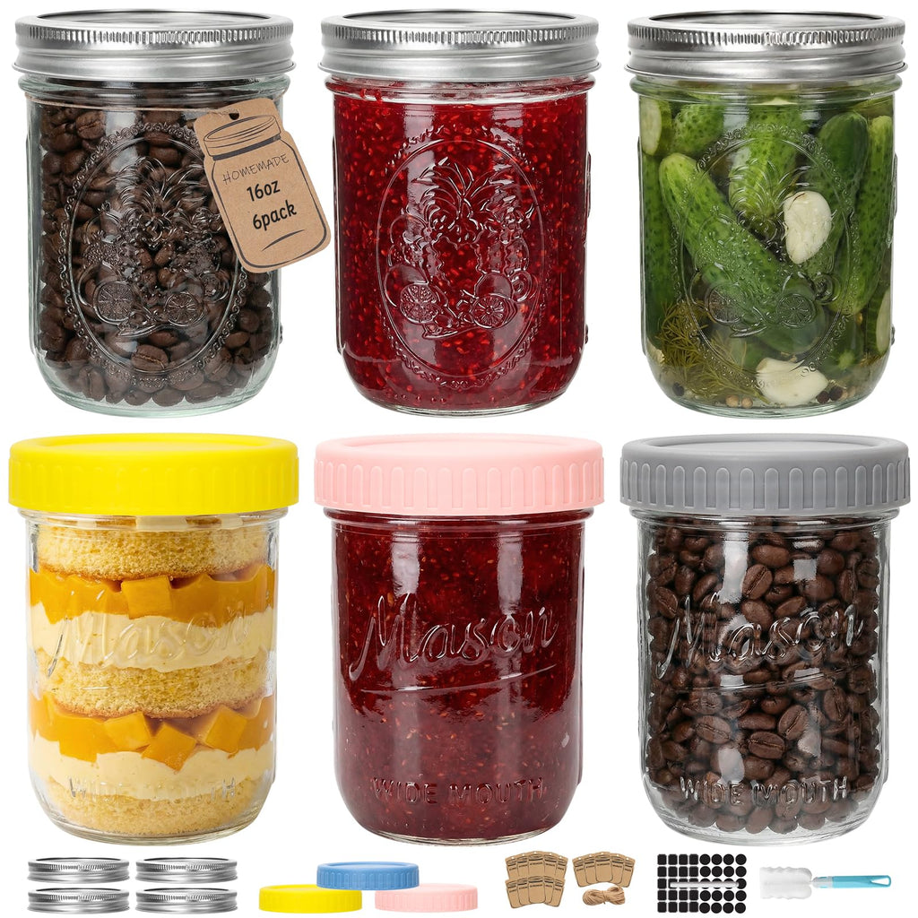 16oz 6-Pack Wide Mouth Glass Mason Jars with Airtight Lids A27921