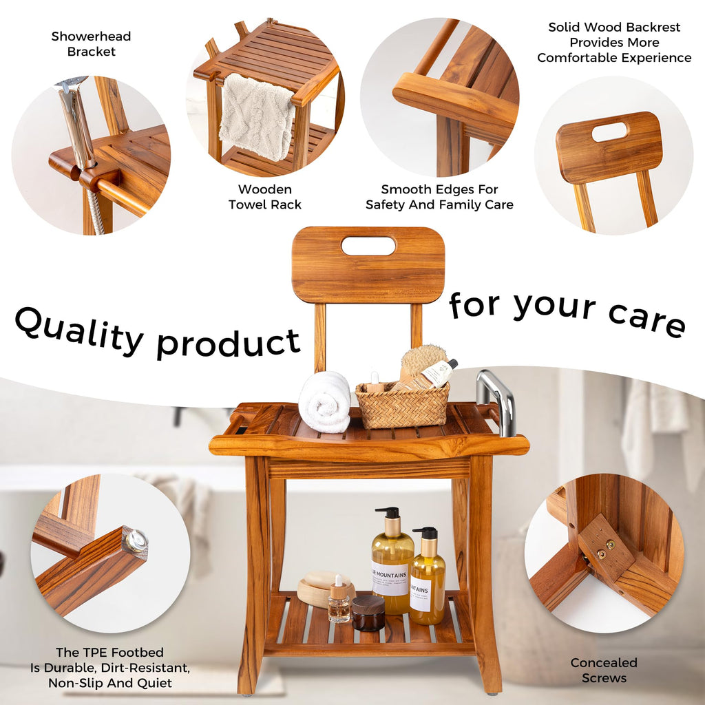 Teak Shower Bench with Handles and Backrest I40778
