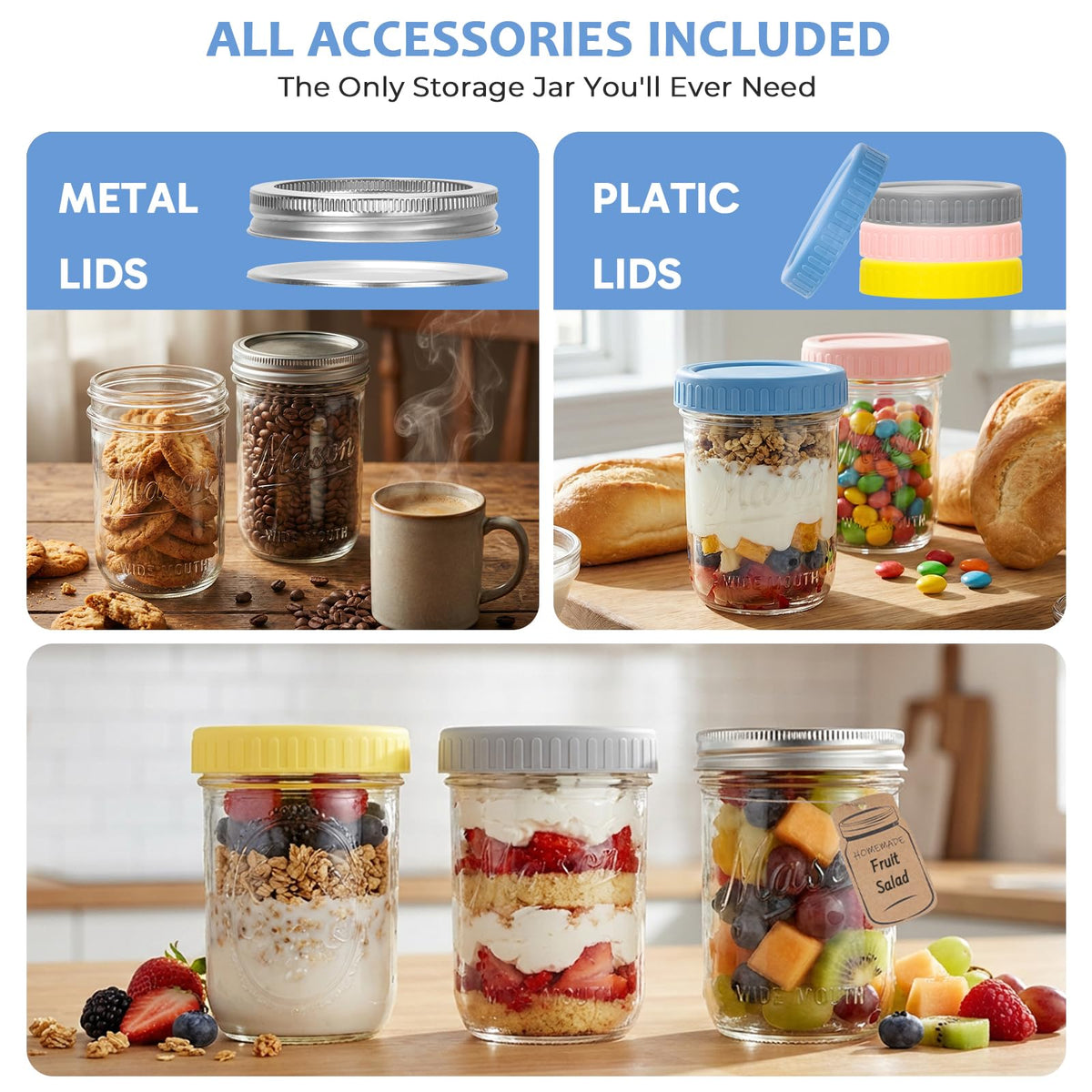 16oz 6-Pack Wide Mouth Glass Mason Jars with Airtight Lids A27921
