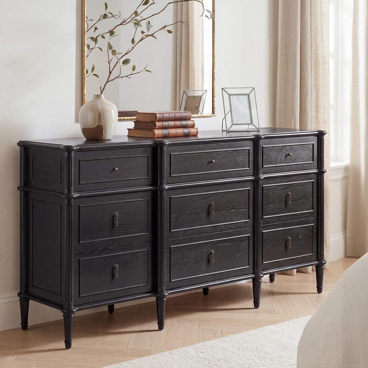63" 9-Drawer Wood Dresser with Power Outlet, Black X824
