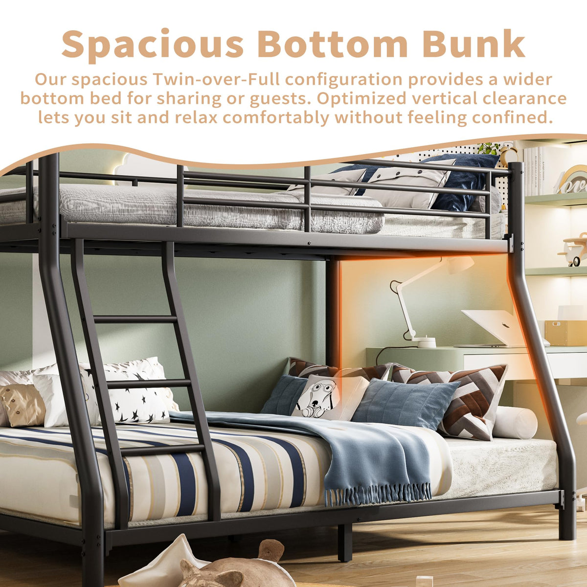 Twin Over Full Metal Bunk Bed with Guardrail and Ladder N5975
