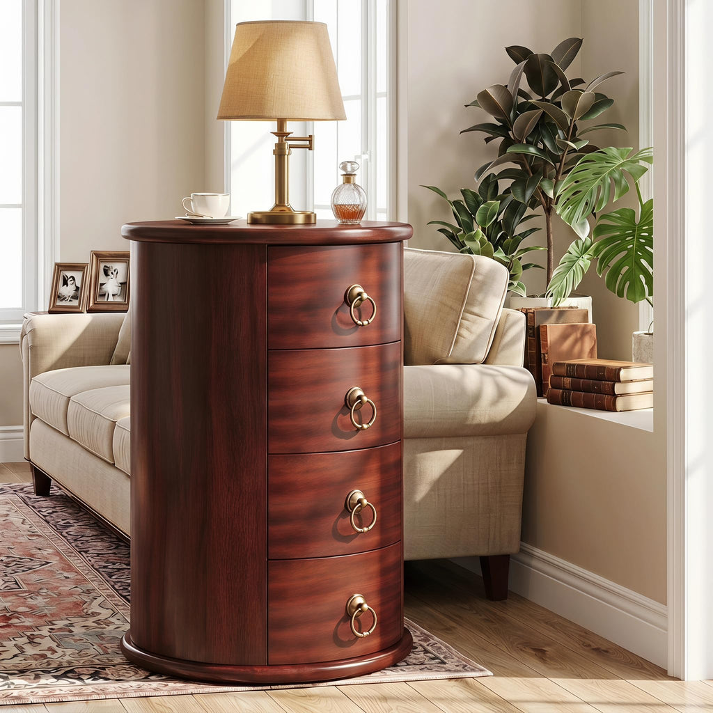 Solid Wood Round End Table with 4 Drawers N744