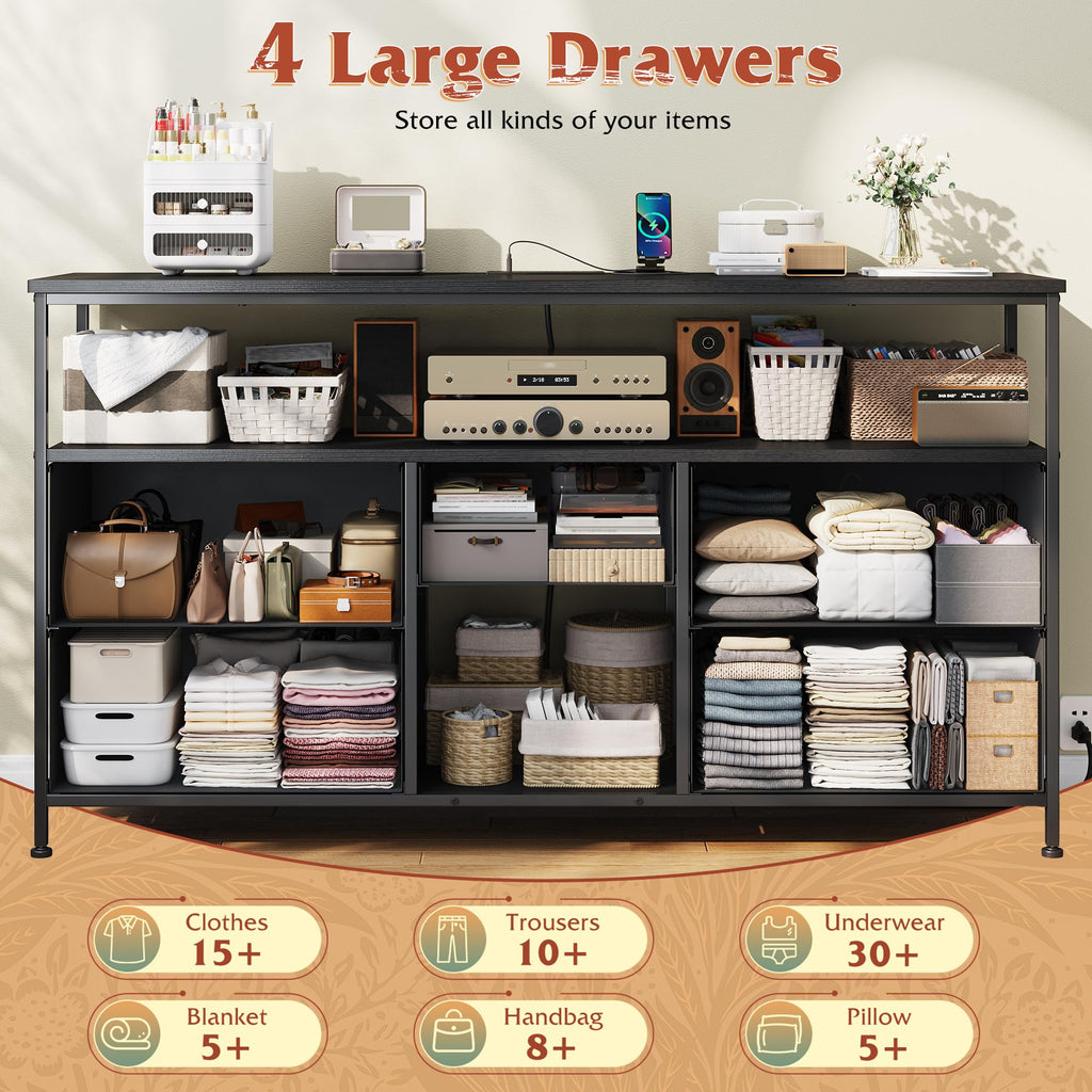 Black TV Stand with LED & Outlets, 5-Drawer Storage J938
